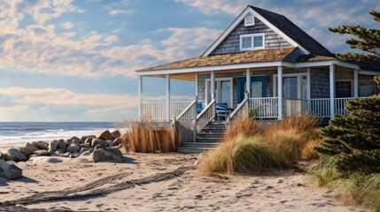 cottage exterior with weathered shingles, a wraparound porch, and stunning ocean views,
