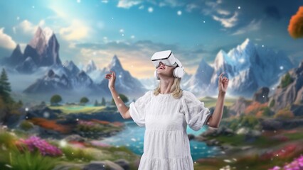 Impressive woman looking around through VR in fairytale forest mountain ice of wonderland snowfall...