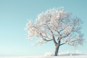 A tree covered in snow is standing in a field