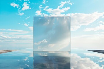A large, empty pool with a colorful wall and a colorful sky in the background