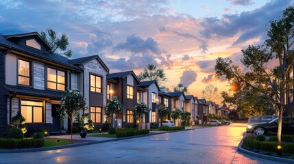 a row of townhouses at dusk. residential home in a modern development. modern building realistic