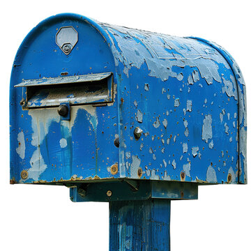 Close Up of a Blue Mailbox isolated on white or transparent background