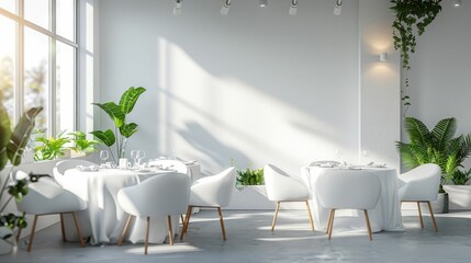 Bright and Airy Dining Room with Natural Light and Green Plants. Generative ai