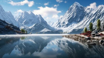 Majestic mountain range with snow-capped peaks 