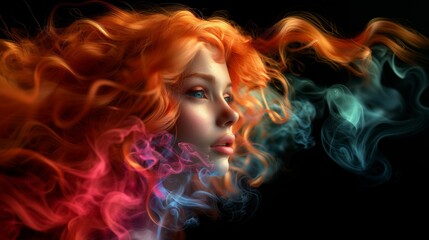 Portrait of a Woman with Flowing Fiery Hair and Smoke. Generative ai