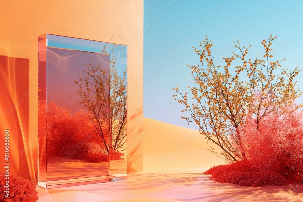 Poster a tree is in the middle of a field with a clear glass frame around it