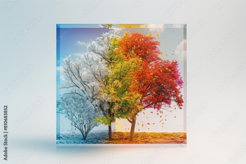 Poster a tree is in the middle of a field with a clear glass frame around it