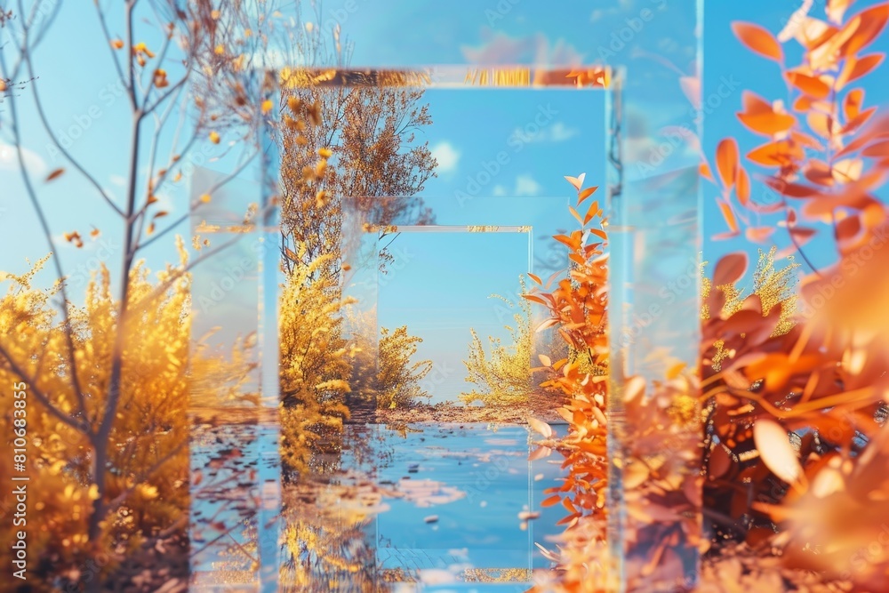 Poster a tree is in the middle of a field with a clear glass frame around it