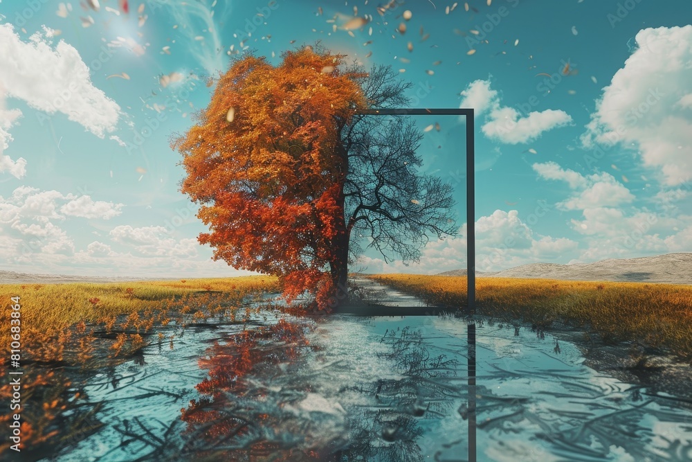 Poster a tree is in the middle of a field with a clear glass frame around it