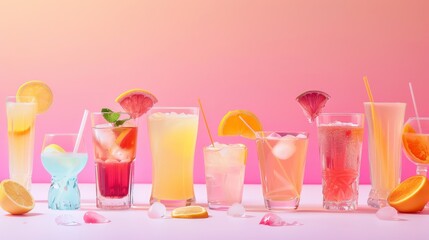 A row of colorful drinks with straws in them