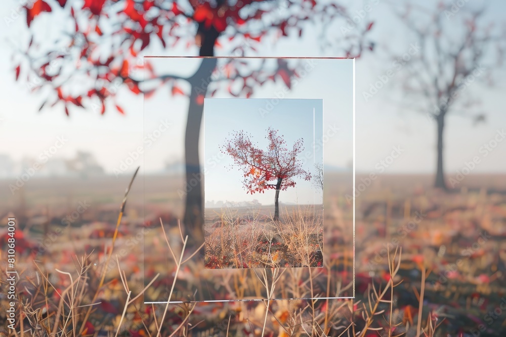 Poster a tree is in the middle of a field with a clear glass frame around it