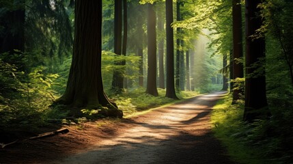 forest path winding through towering trees, 