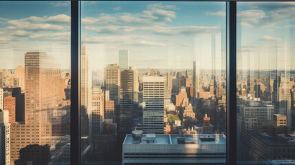 Sun-drenched office building windows overlooking a bustling cityscape, 