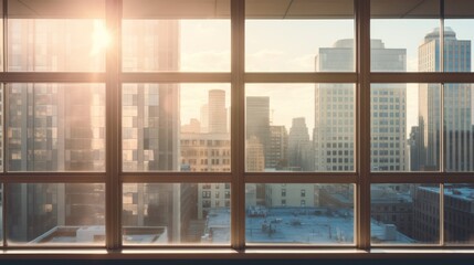 Sun-drenched office building windows overlooking a bustling cityscape, 