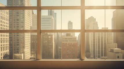 Sun-drenched office building windows overlooking a bustling cityscape, 