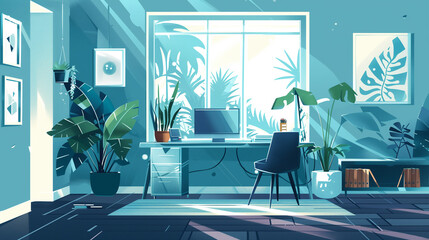 modern living room. Professional Office Studio: Modern Interior Design with Aquamarine Wall, Desktop, PC, and Furnishings - Perfect for Home or Business