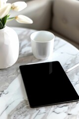 Modern Home Office Setup with Tablet and Coffee on Marble Table. Generative ai