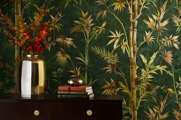 Exotic bamboo tree pattern and background painted in watercolor on the wall a wall painting depicting a bamboo forest with trees that let in sunlight and placing sofas in front of wall

