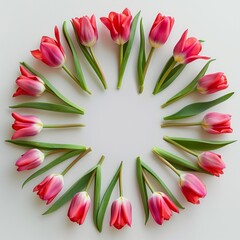 Circle of Pink and Red Tulips on a White Background. Generative ai