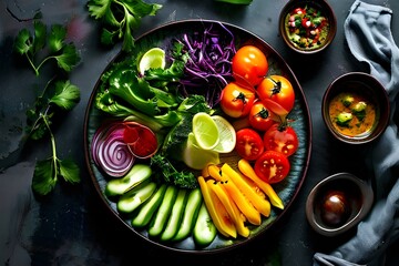 Top view of a vibrant, fresh avocado salad with cucumber and cherry tomatoes against a deep blue backdrop the concept of a balanced diet and active lifestyle, which involves eating breakfast and lunch - Powered by Adobe