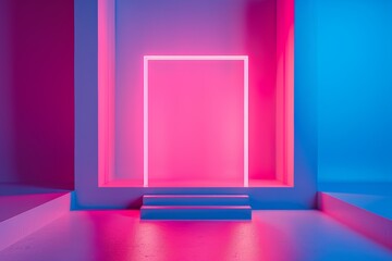 A neon pink door is lit up in a room with blue walls