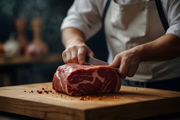 Cooking meal involves chopping beef meat with a knife in the kitchen. Spices and veggies on the kitchen table for a delectable lunch
