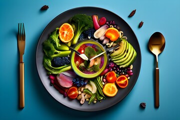Top view of a vibrant, fresh avocado salad with cucumber and cherry tomatoes against a deep blue backdrop the concept of a balanced diet and active lifestyle, which involves eating breakfast and lunch
