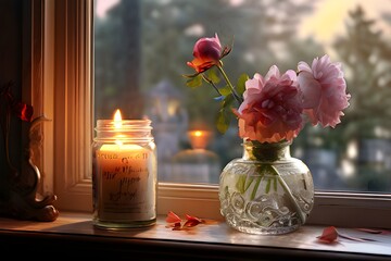 A floral vase and a perfume bottle rest on a table. Vase of Roses on a Window Sill: A vase filled with roses is illuminated by sunlight coming through a window.Evening still life with candles and flow