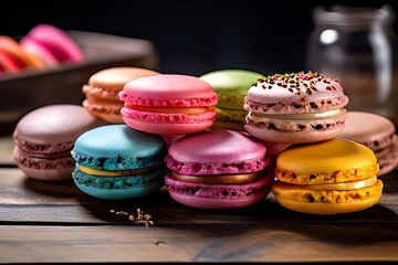 Pastries in lively street colors, along with coffee and colorful macarons in a vintage pastel backdrop. in closeup. little pastries françaises. Concept of cooking and cuisine.

