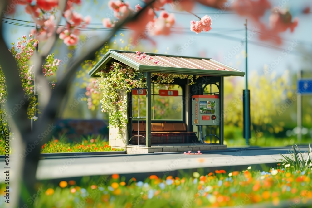 Poster a bus stop with a bench and a canopy