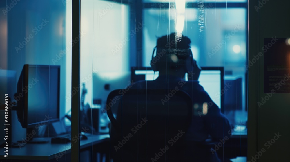 Aufkleber person man programmer, designer or support team member working on computer pc in ddark office at nig