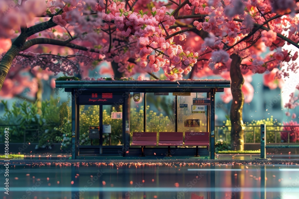 Poster a bus stop with a bench and a canopy