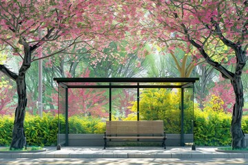 A bus stop with a bench and a canopy