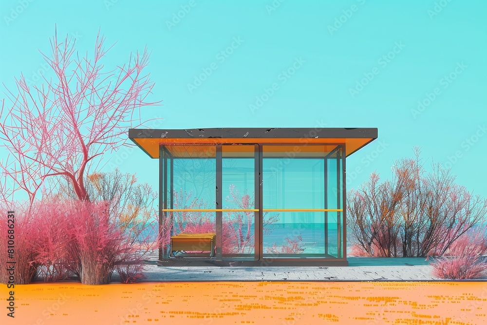 Poster a small, simple building with a bench and a glass window