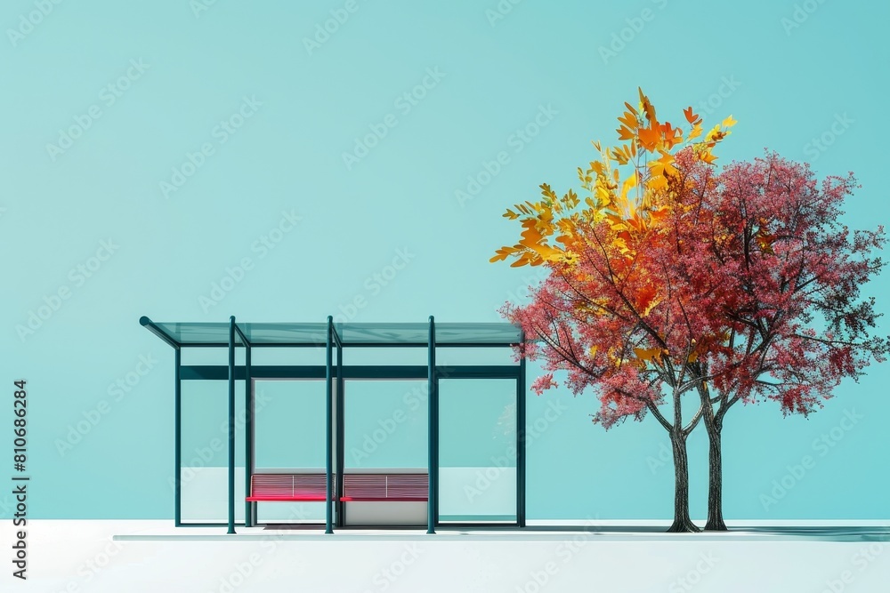 Poster a small, simple building with a bench and a glass window