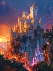 Fototapeta premium Capture the majestic grandeur of a mythical castle rising above towering crystal trees, rendered in vivid watercolor hues, showcasing a worms-eye view perspective