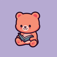 Vector Cartoon Illustration of Cute Bear Reading a Book