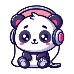 Cute panda listening to music with headphone vector cartoon illustration