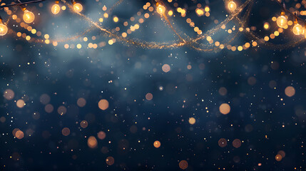 golden string lights gracefully draped against mystical dark blue backdrop speckled with glowing bokeh effects dreamy atmosphere created perfect evoking sense of warmth, celebration, and enchantment.