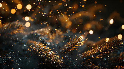 pine branches adorned with golden fairy lights set against backdrop of soft snowy bokeh warm lights contrast beautifully with cool tones night creating cozy, festive atmosphere seasonal celebrations