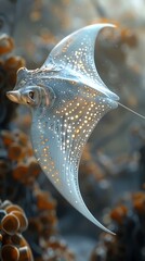 Illustrate the graceful dance of a majestic manta ray in a digital CG 3D rendering, emphasizing its smooth movements and intricate wing patterns