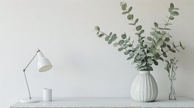 Vase with eucalyptus branches on dressing table and