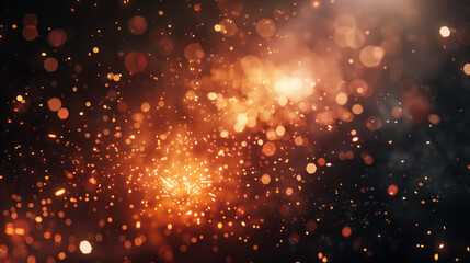 Fototapeta premium Fiery Sparks Explosion in Dark Atmosphere. Stunning visual of a fiery sparks explosion, casting a warm glow against a mysterious, dark atmospheric background.