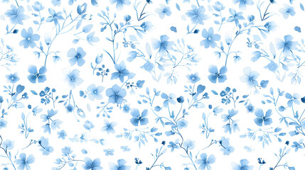 seamless pattern features variety of blue watercolor flowers foliage scattered across white background, creating refreshing artistic floral design suitable for textiles, stationery other decor