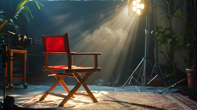 A director's chair sits elegantly shaft sunlight cozy film set surrounded by lush greenery artistic equipment scene beautifully illuminated casting peaceful yet creative ambiance thoughtful filmmaking