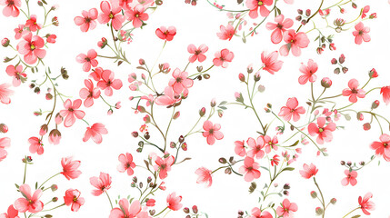 seamless pattern displays lush array vibrant pink flowers intertwined delicate greenery set against crisp white background lively romantic design fashion fabrics, wallpaper, and elegant home decor.