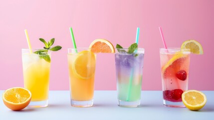 A row of glasses with different colored drinks in them