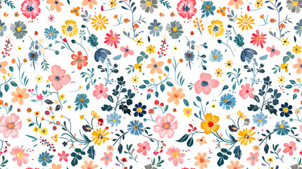 seamless pattern features eclectic mix of floral motifs variety colors styles set against clean white background vibrant garden full bloom cheerful textiles, wallpapers decorative accents.