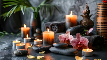 A Relaxing Asian Spa Setting with Candles, Orchids, Hot Stones, and Massage Table. Concept Spa Ambiance, Relaxation Setup, Asian Influence, Wellness Retreat, Tranquil Atmosphere