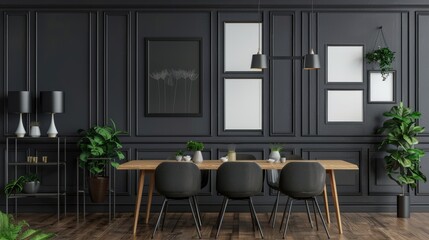 Elegant dining room interior with dark panel walls and modern decor.